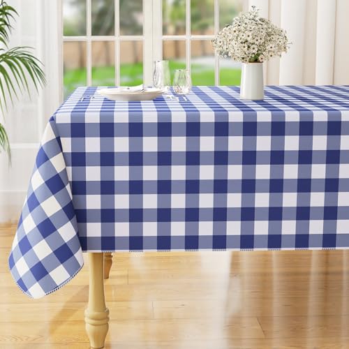 Square Waterproof Vinyl Table Cloth, Buffalo Flannel Backed Tablecloth, Wipeable Plastic Table Cover for Dinner, Kitchen, Outdoor (54" x 54", White and Navy) - color: White and Navy, size: 54" x 54" (Square)