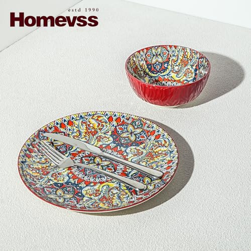 Boho 10 Pieces Dinnerware Sets, Plates and Bowls Set, Porcelain Dishes Set for 2, Microwave and Dishwasher Safe, Scratch Resistant, Bohemian Style Dining Ware, Red - color: Red