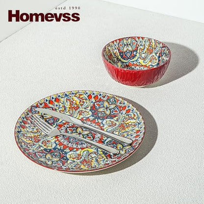 Boho 10 Pieces Dinnerware Sets, Plates and Bowls Set, Porcelain Dishes Set for 2, Microwave and Dishwasher Safe, Scratch Resistant, Bohemian Style Dining Ware, Red - color: Red