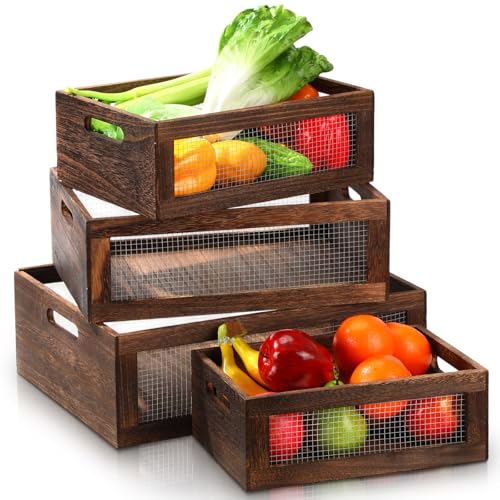 FillTouch 4 Pcs Wooden Nesting Countertop Baskets 4 Size Wooden Storage Box with Handle and Metal Wire Multipurpose Wood Organizer Crate for Fruit Vegetable Kitchen Cabinet Bathroom(Dark Brown,Large) - color: Dark Brown, size: Large