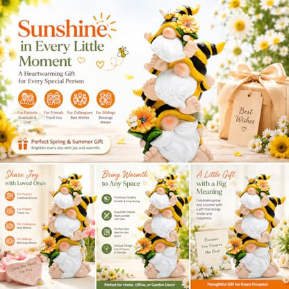 Hodao Bee Gnome Decor Statue, Resin Stacked Gnome Figurine with Sunflower and Bumblebee Details, Cute Farmhouse Tiered Tray Shelf Table Accent for Spring Summer Home Gift - style: Stacked Bee Gnome