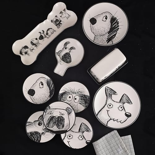 Bico Doodle Pawtrait Ceramic Salad Plates Set of 4, 8.75 Inch Dessert Plates for Salad, Appetizer, Side Dishes, Microwave and Dishwasher Safe, Gift for Housewarming and Thanksgiving - color: Doodle Pawtrait