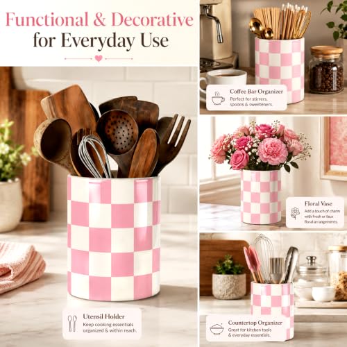 Kitchen Utensil Holder, Pink and White Checkered Ceramic Utensil Holder , Cooking Utensil Crocks for Kitchen Countertop, Kitchen Decorations Rustic Farmhouse Decor