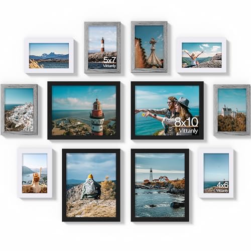 Vittanly 12 Pack Gallery Wall Frame Set, Black, Brown, Grey | Gallery Wall Frame Set: 4pcs 8x10, 4pcs 5x7 & 4pcs 4x6 Photos for Wall & Table, Picture Frames made of Engineered Wood - color: Black & Grey & White