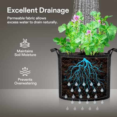 VIVOSUN 5-Pack 7 Gallon Plant Grow Bags Fabric Pots with Handles | 300G Thickened Nonwoven Fabric, Excellent Drainage, Healthy Root Growth, BPA-Free, Reusable - color: Black, size: 7 Gallons