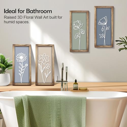 3D Wooden Floral Wall Art, 4 Pcs 7 x 16 Inch Flower Wood Carving Framed Bathroom Wall Decor for Living Room Bedroom Office, Rustic Farmhouse Boho Botanical Hangings