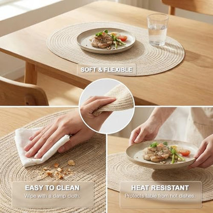 Placemats Set of 4, Woven Oval Braided Dining Table Mats(Beige) | 12 x 17.5 Inch Size Fits Plates and Flatware; Hand Washable and Heat Resistant for Kitchen Use, with Farmhouse and Boho Style - color: Beige, size: 4 pcs