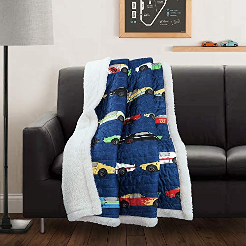 Lush Decor Cars Throw | Fuzzy Reversible Sherpa Blanket with Racing Print Design for Kids-60” x 50, Navy - color: Navy