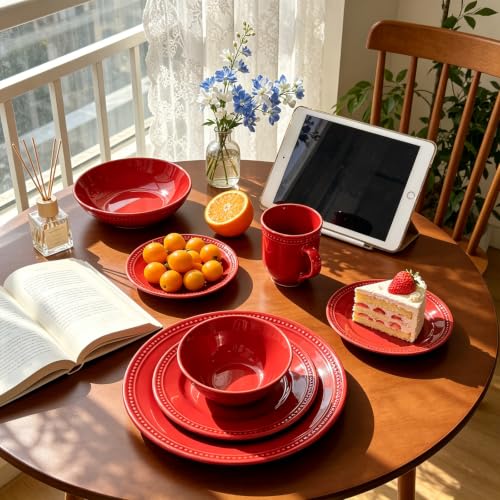 Pearl Dots Stoneware Dinnerware Set (20pc Set, Red) - color: Red, size: 20pc Set