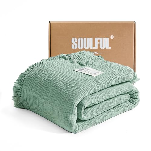 SOULFUL Muslin Throw Blanket with Tassels - Soft King Size Cotton Throw Blanket for Couch or Bed, Lightweight and Breathable Gauze for All Seasons, LightChampagne, 108" x 90" - color: Beangreen, size: Queen