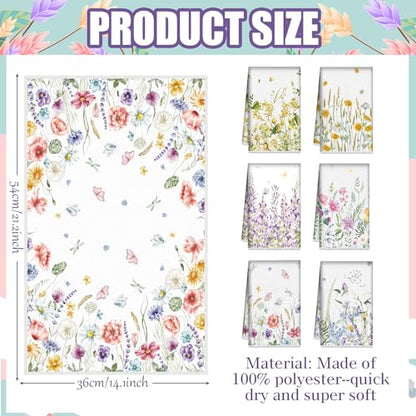 Redbaker 6 Pcs Wildflower Kitchen Towels Floral Butterfly Dish Cloth Set | Botanical Dish Towel Set, Lavender Sunflower Daisy Design, Hand Towels for Kitchen Decor, Quick Drying, Housewarming Gift - style: Flower