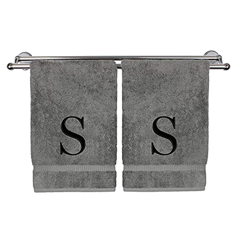 Monogrammed Hand Towel, Personalized Gift, Set of 2- Black Block Letter Embroidered Towel - Extra Absorbent 100% Turkish Cotton - Soft Terry Finish - Initial S Gray - color: Gray & Black, size: Initial S