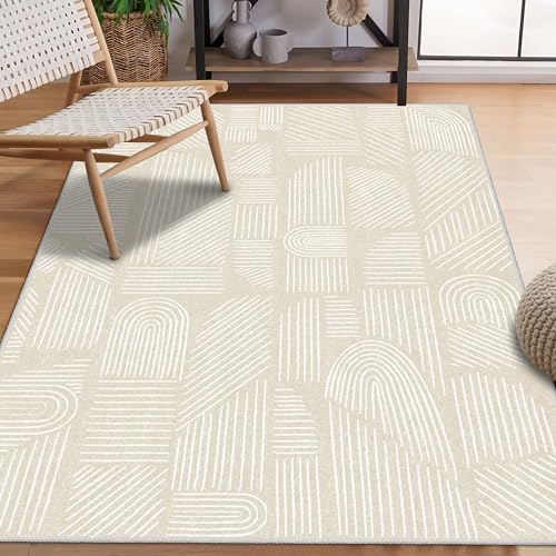 3x5 Rug Washable Area Rugs Low Pile Low Pile Mid Century Modern | Small Throw Carpet for Bedroom Entryway Living Room Office Bedside Entry Non Slip Indoor Boho Abstract Beige and White - color: Beige and White, size: 3' x 5' (Rectangular)