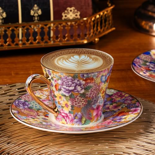 KAMMAK Tea Cup and Saucer, Ceramic Coffee Cups, 7.5 oz, Set of 2 | Porcelain Tea Cups with Saucers for Coffee and Cappuccino, Ideal for Breakfast, Afternoon Tea and Entertaining,637+638N - style: 637N+638N