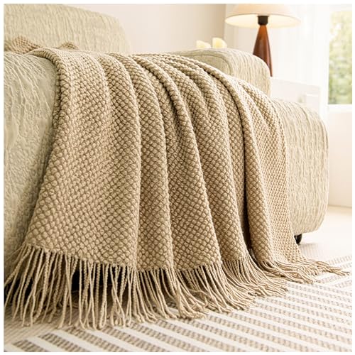 Knitted Throw Blanket for Couch,Plain Color Blanket with Tassel,Bed Throws,Home Decorative Blankets for Couch Sofa Bed Chair Spring Summer Fall,Soft Warm Cozy Light Weight,Beige,70x230cm/28x90in - color: Beige, size: 70x230cm/28x90in