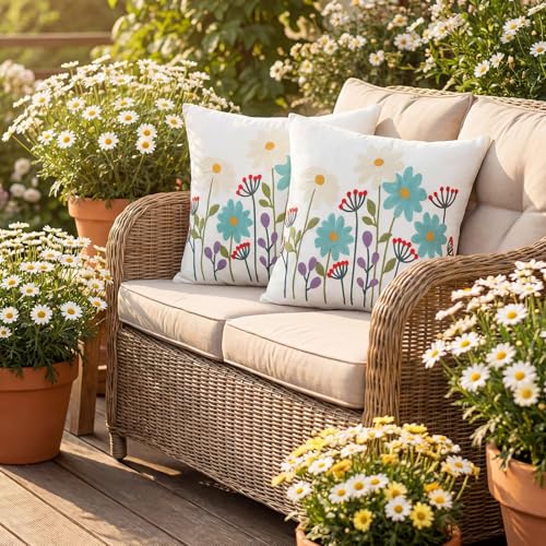 Hahafelt 2Pcs Spring Floral Embroidered Decorative Throw Pillow Covers 18"x 18" Daisy Flower Pillow Covers with Zipper Farmhouse Cushion Cases for Bed Couch Sofa Living Room Bedroom Decor Gift - style: Daisy