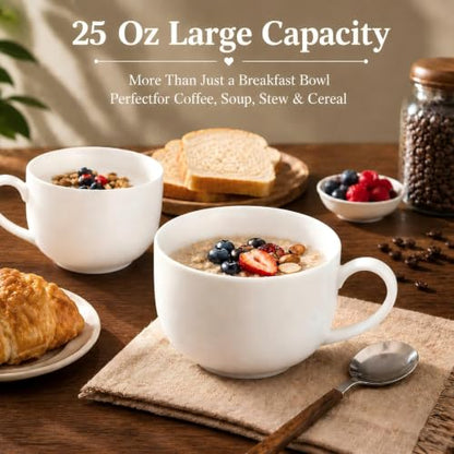 Large Soup Mugs with Handles Set of 2,25 oz Fine Bone China | Coffee Mugs,Microwave Safe White Soup Cups and Oatmeal Bowls for Coffee, Tea, Cereal, Housewarming Wedding Gift - color: 2 Pcs Blank