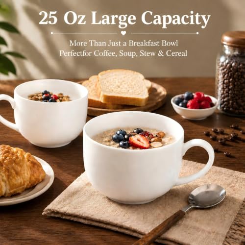 Large Soup Mugs with Handles Set of 4, 25 Oz, White | Fine Bone China, Coffee Mugs, Microwave Safe, For Coffee, Tea, Cereal, Ice Cream, Housewarming Wedding Gift - color: 4Pcs Blank