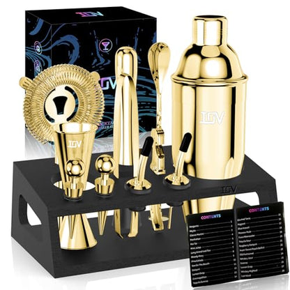 IOV Mixology Bartender Kit With Stand | 12-Piece Cocktail Shaker Set | 24oz Martini Shaker Set For Drink Mixing | Bar Set Includes All Bar Tools And Recipe Booklet | Fun Housewarming Gift (Gold) - color: 12 Pcs - Gold