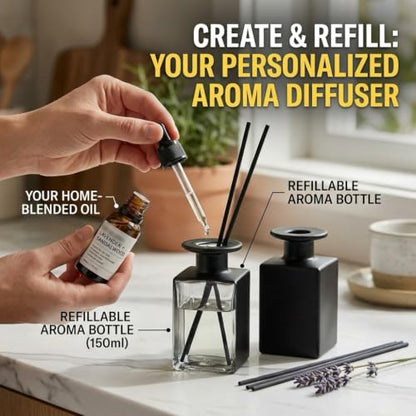2 Pack 150ml Glass Reed Diffuser Container with Black Sticks, Empty Essential Oil Diffuser Jars with Protective Packaging for DIY Home Fragrance, Bathroom, Bedroom and Office Decor (2, Matte Black)