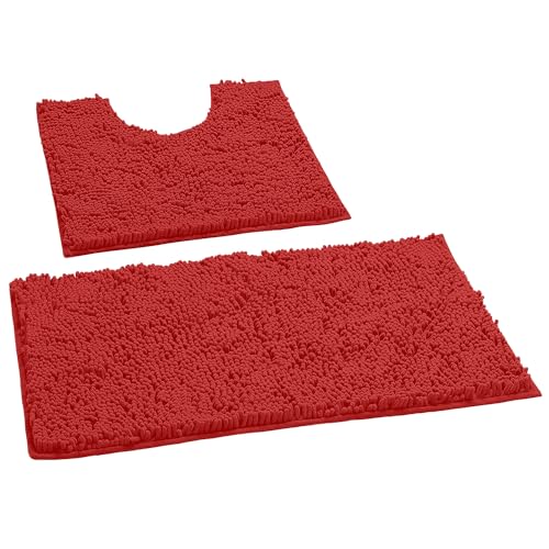LuxUrux Red Christmas Bathroom Rugs Sets 2 Piece: Quick Dry, Soft Plush Anti-Slip, Super Absorbent. Includes Rectangular (31x20 inches) & U-Shaped Toilet Mat (20x20 inches) | Red - color: Red, size: 2 Piece Set