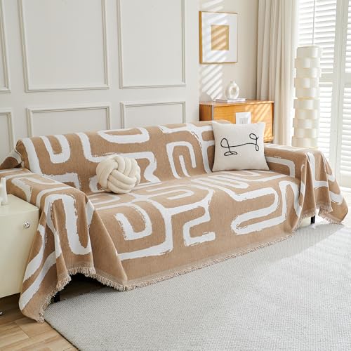 Boho Couch Cover Sofa Cover Washable,Chenille Sofa Covers for 2 Cushion Couch Sofa, Sofa Slipcover Loveseat Pet Couch Covers for Sectional Sofa,71" X118" - color: V-khaki Boho Line, size: 71" x 118"