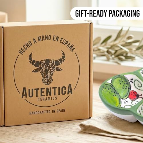 3-Compartment Ceramic Serving Dish, Handmade in Spain | 7.5” divided chip and dip bowl with lead-free glaze, microwave, oven and dishwasher safe, ideal for tapas, snacks and sauces - color: Cactus Green