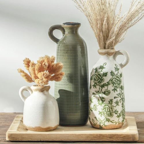 Vintage Vase Set of 3 with Handle, Ceramic Vintage Rustic Vases Home Decor Farmhouse Decorative Vase Pottery Decor Modern for Table Mantel Entryway Bookshelf Living Room Kitchen Bedroom - Green - color: 010 - Vintage Green