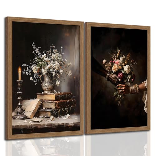 2Pcs Framed Vintage Gothic style Candles and books Floral Still Life Wall Art Dark flowers Hands Holding Bouquet Canvas Printing Elegant Picture for Home Decor for Living Room Bedroom Office16x24in - color: Hands Holding Bouquet, size: 16x24 Inches