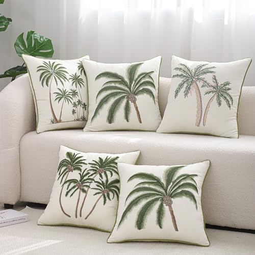 Embroidered Throw Pillow Covers 18x18 inch Pack of 2 Green Palm Tree | Ocean-Themed,Durable Fabric,Square Pillow Cover,Boho Decorative,Hidden Zipper,Aesthetic Design,Ideal Gift,Machine Washable - color: A Green Coconut Tree