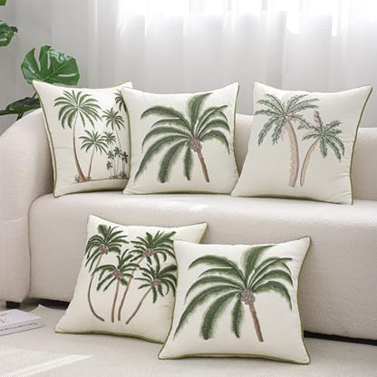 Embroidered Throw Pillow Covers 18x18 Pack of 2 Green and Pink | Coconut Trees,Durable Fabric,Square Pillow Cover,Boho Decorative,Hidden Zipper,Aesthetic Design,Ideal Gift,Machine Washable - color: Green Pink Coconut Trees