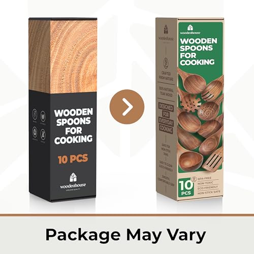 Wooden Spoons for Cooking, 10 Pcs Teak Wood Utensil Set for Nonstick | Durable, Heat Resistant & Food-Safe with Ergonomic Handles – Woodenhouse Kitchen Cookware - size: 10 Piece Set