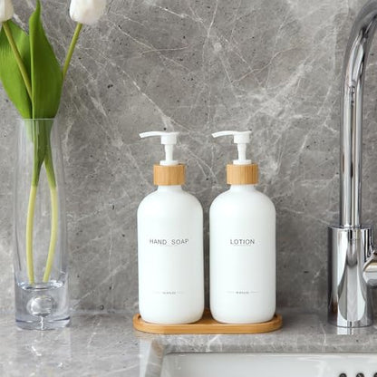 Bathroom Soap Dispenser Set, White | Bamboo Pumps & Tray, Lotion Dispenser, Hand Soap Dispenser, Bathroom Counter Decor - color: Hl White