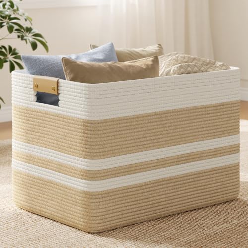 Nunsino 96L Woven Blanket Basket with Leather Handles, Cotton Rope Laundry Basket Hamper,Decorative Nursery Basket Toy Storage Basket for Kids, Living Room, Bedroom, Bathroom, White Brown - color: Brown White, size: 96L