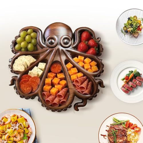 Octopus Charcuterie Board,15.5" x 13.8" Wooden Serving Tray Platter with Tentacle Design for Cheese Fruit Bread,Food Dish Serving Dishes,House Warming Gifts New Home,7 Compartments