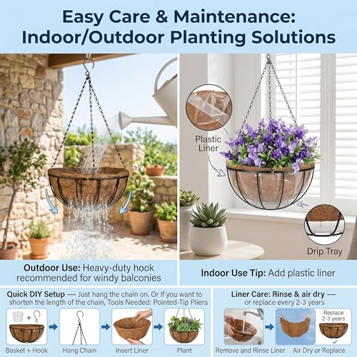 Kingbuy 8" Metal Hanging Basket for Small Succulents & Herbs – 5" Depth Rust-Resistant Wire with Coconut Liner & Chain for Kitchen Window, Balcony & Small Spaces - 1 Pack - size: 8 Inch, style: 1 Pack