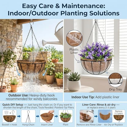 Kingbuy 8" Metal Hanging Basket for Small Succulents & Herbs – 5" Depth Rust-Resistant Wire with Coconut Liner & Chain for Kitchen Window, Balcony & Small Spaces - 1 Pack - size: 8 Inch, style: 1 Pack