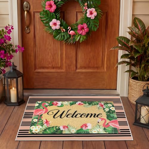 2 Pcs Summer Flamingo Door Mat Flamingo Welcome Mat for Front Door Non Slip Hello Mats Tropical Front Door Mat for Porch Entryway Indoor Outdoor Decor Patio Beach House Luau Party Decor
