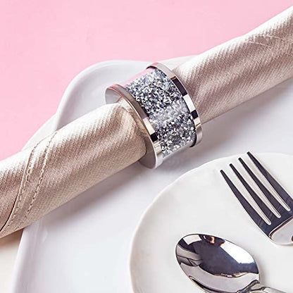 SHYFOY Silver Crushed Diamond Napkin Rings Set of 4,Bling Glass Table Decor | Stainless Steel Glass Frame Napkin Rings, Luxury Style for Wedding Receptions, Holiday and Banquet Table Arrangement - size: 4 Pieces