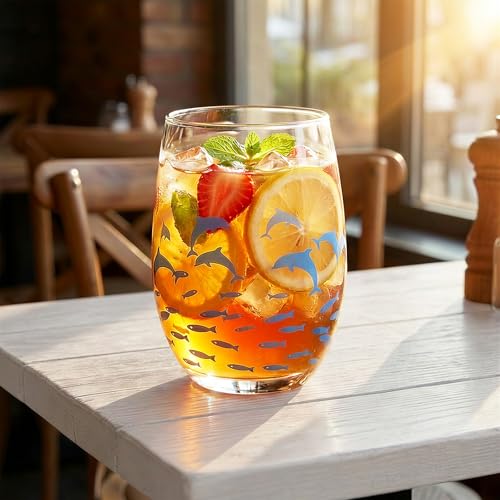 Hand Blown Etched Stemless Wine Glasses 19oz, Set of 4, Everyday Drinking Glasses, Large capacity, Unique Gifts for Him Her for Birthday, Wedding, Anniversary - color: Clear With Marine dolphins & fishes