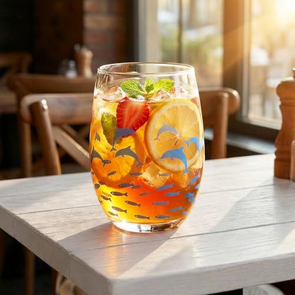 Hand Blown Etched Stemless Wine Glasses 19oz, Set of 4, Everyday Drinking Glasses, Large capacity, Unique Gifts for Him Her for Birthday, Wedding, Anniversary - color: Clear With Marine dolphins & fishes