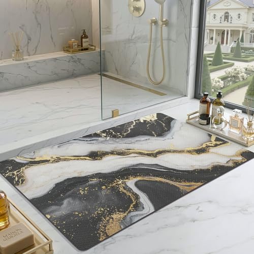 Color&Geometry Black and White Marble Bathroom Rugs Non Slip,Thin Bath Mat | 32"x20" Washable Bath mats for Bathroom,Absorbent Bath Mat Quick Dry Low Pile Bathroom Rug for Bathtub and Shower Floor - color: Black and White With Gold, size: 20"x32"