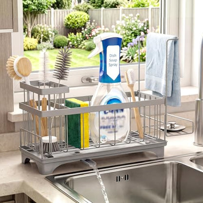 VOOWO Sponge Holder for Kitchen Sink, Compact Sink Caddy with Brush Holder | 304 Rustproof Stainless Steel Dish Soap Holder, Small Kitchen Sink Organizer, Self-Draining Dish Wand Holder with Towel Rack - color: Gray