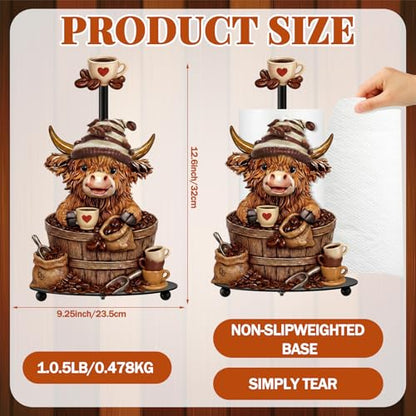 Coffee Beans Highland Cow Paper Towel Holder Coffees Kitchen Decor Farmhouse Metal Highland Cow Bar Accessories Stand with Round Base for Home Bathroom Countertop Toilet Caffee Lover Gifts - style: Coffee Beans