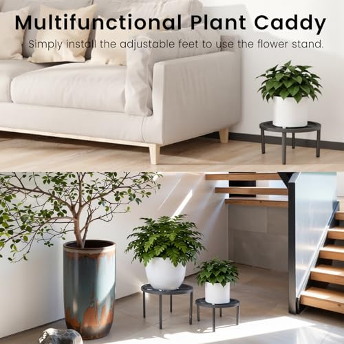 TOSKING 3-Pack Fully Assembled Heavy Duty Low Metal Plant Stand for Indoor & Outdoor – Original Geometric Flower Pot Holder for Heavy Potted Plant, Rustproof Iron Riser with Adjustable Feet, 200 LBS & 150 LBS, No Installation, Black (10.24" & 8.66" Dia) -