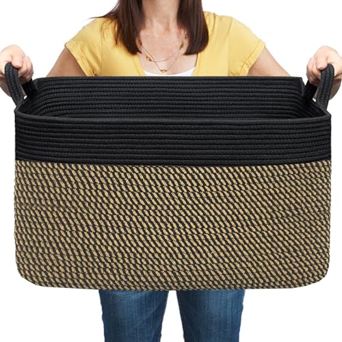 COMFY-HOMI Large Rectangular Blanket, Cotton Rope Woven for Storage, LaundryHamper, Storage,Toy Organizing Bin with Handle, Organizer and Storage-22x15x12- - color: Black/Jute, size: 22''x15''x12''