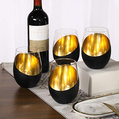 MyGift Modern Matte Black and Gold Tilted Design Stemless Wine Glasses Tumblers - 18 oz, Set of 6 - color: Black (Set of 6)
