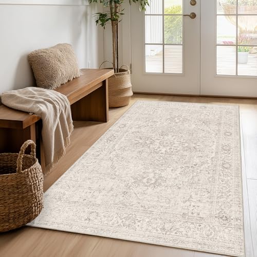 FMFUNCTEX 3x4 Washable Beige Neutral Oriental Distressed Entryway Area Rug | Cream Vintage Traditional Non Slip Low Pile Soft Thin Throw Indoor Carpet Entrance Kitchen Bedroom Office Living Room Laundry - color: Beige, size: 3' x 4' (Rectangular)