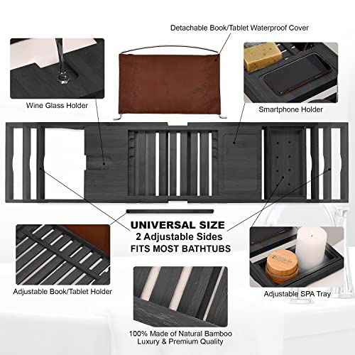Luxury Bamboo Bathtub Trays for Tub - Expandable Bathroom Tray with Reading Rack or Tablet Holder, Premium Bath Tray with Wine Glass Holder, Bathroom Caddy, Fits All Bathtubs (Black)