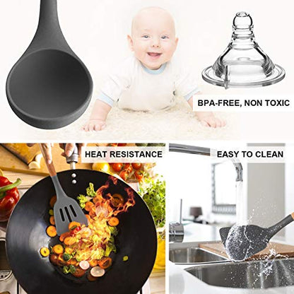 MIBOTE Silicone Cooking Kitchen Utensils Set, 17 Pcs, Wooden Handle, Grey | BPA-Free, Non-Toxic Silicone Turner, Tongs, Spatula, Spoon Set – Great for Nonstick Cookware, Heat-Resistant, Easy Clean - color: Gray